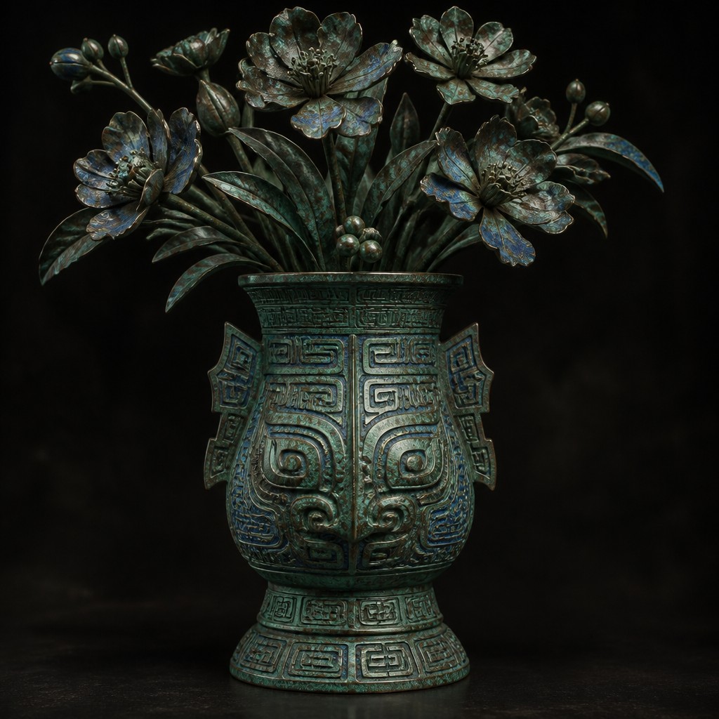 bouquet of flowers in a glass vase — Ancient Chinese Bronze Art Style