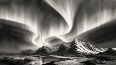 a flowing aurora over snowy peaks, wide sweeping composition, no people, no text