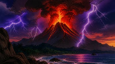 an erupting volcano with lightning strikes, dramatic wide composition, no text