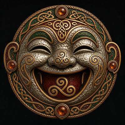 an exaggerated laughing face of an original round mascot character, bold and readable at small size, plain background, no text