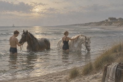 two athletes bathe in the water with their horses by the sea coast