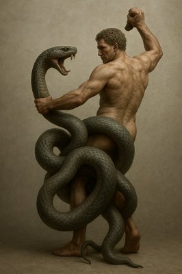 a man with a large snake around his neck