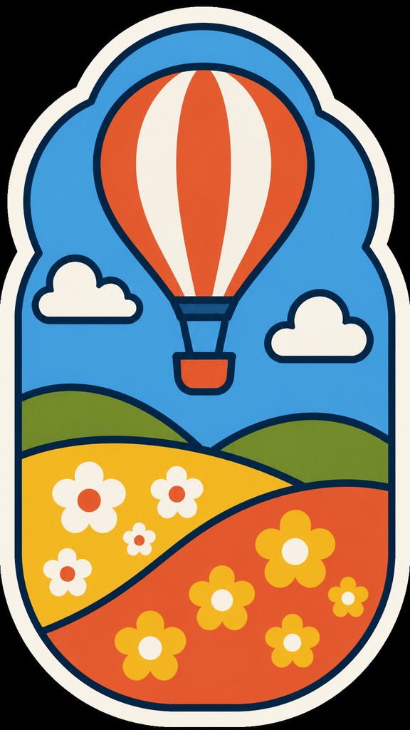 a hot air balloon drifting over rolling flower fields on a sunny day, cheerful, no text