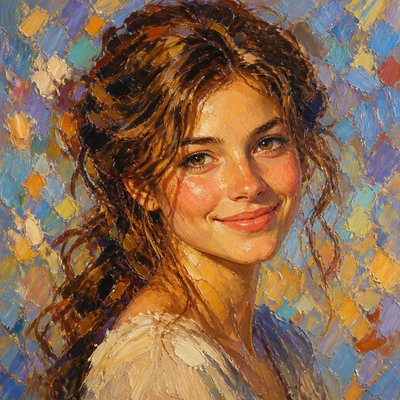 head-and-shoulders portrait of an original character: a young woman with wavy chestnut hair and a warm smile, plain soft backdrop