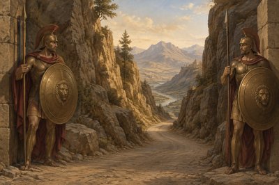 a road through a mountain gap is guarded by two  warriors with shields, spears, and helmets