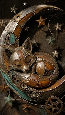 a sleeping baby fox curled on a crescent moon among soft stars, gentle and warm, no text
