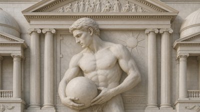 a statue of a man holding a ball in front of a building