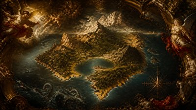 a map of an island realm with mountains, forests, a sheltered bay, sea monsters in the water and a compass rose, no text labels
