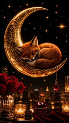 a sleeping baby fox curled on a crescent moon among soft stars, gentle and warm, no text