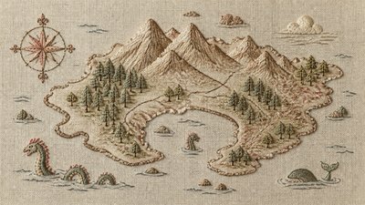 a map of an island realm with mountains, forests, a sheltered bay, sea monsters in the water and a compass rose, no text labels