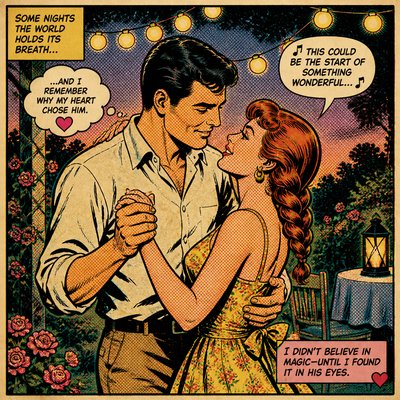 an original couple dancing under string lights in a garden at dusk: a man with short black hair in a linen shirt and a woman with braided red hair in a summer dress