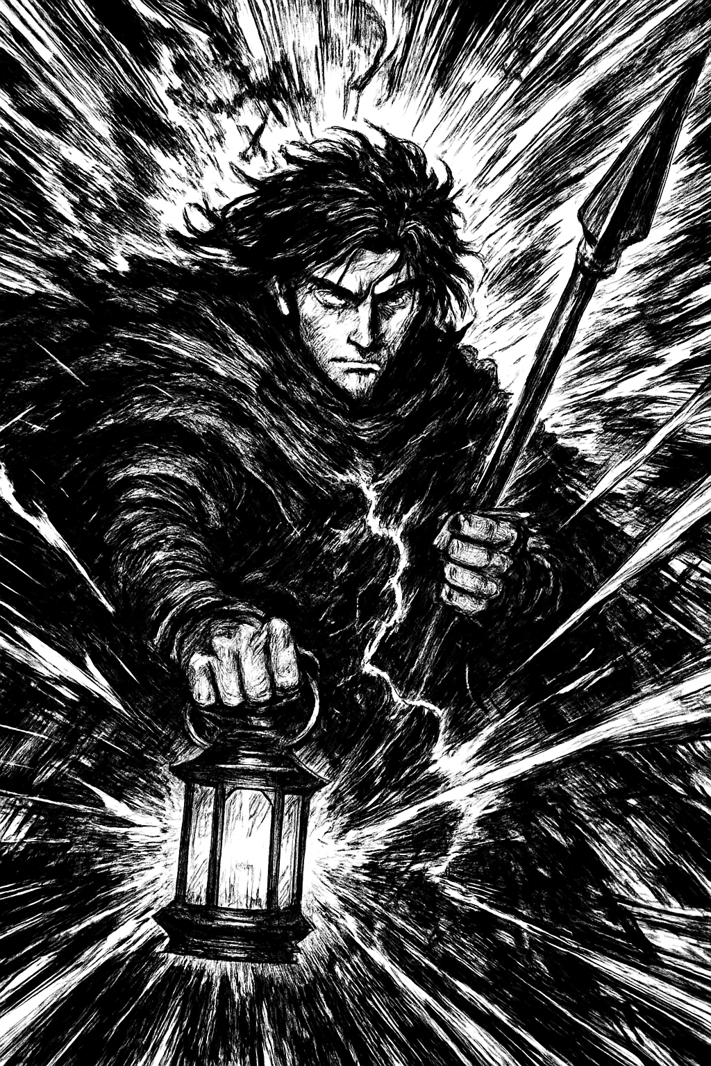 a black and white drawing of a man holding a lantern