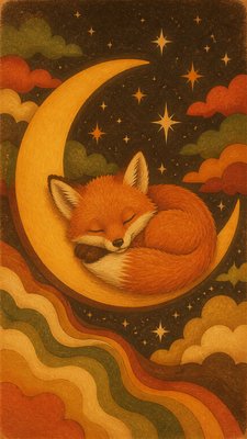 a sleeping baby fox curled on a crescent moon among soft stars, gentle and warm, no text