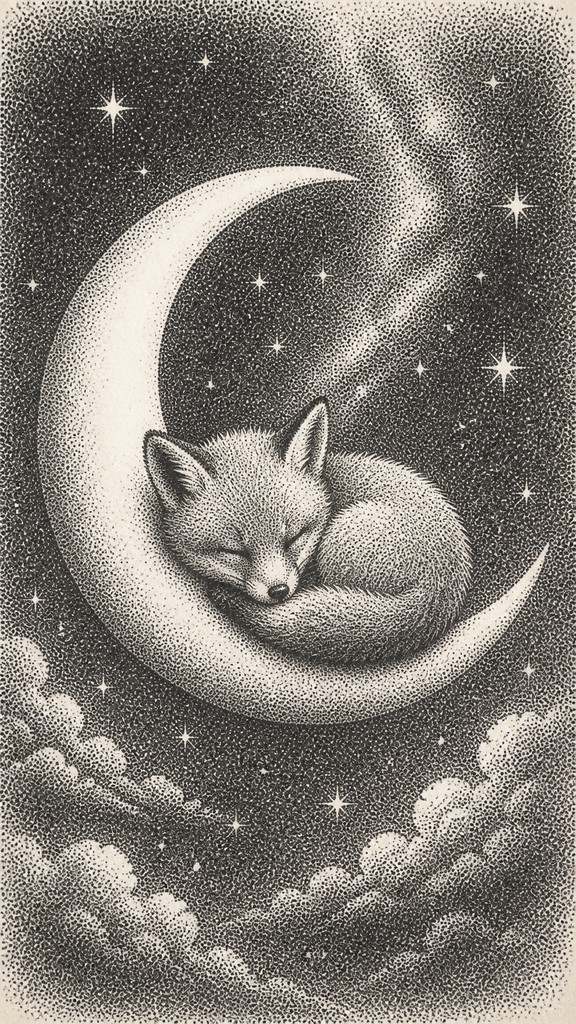 a sleeping baby fox curled on a crescent moon among soft stars, gentle and warm, no text