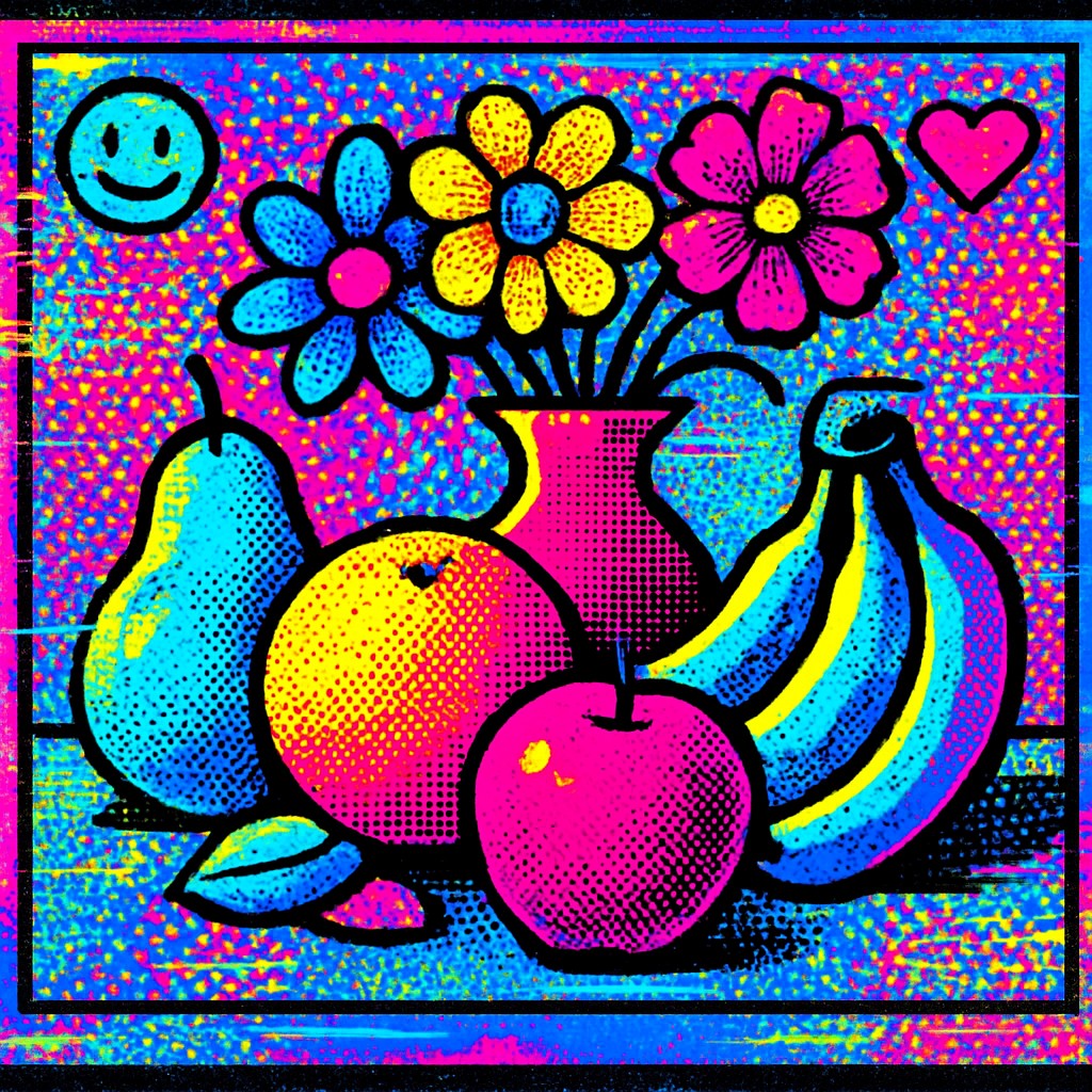 still life arrangement of fruits and flowers