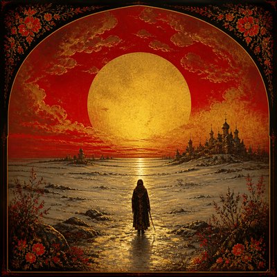 a solitary figure walking toward a glowing horizon across an empty plain, moody atmosphere, no text or lettering