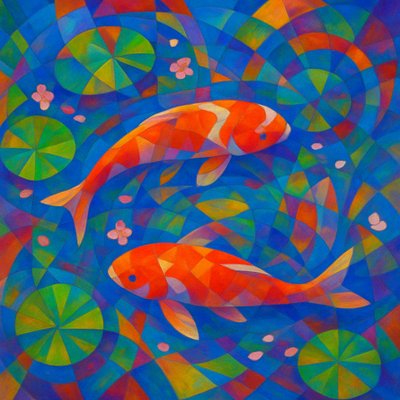 A koi pond seen from above, orange and white koi fish swimming among lily pads, clear water with subtle ripples, fallen cherry blossom petals floating on the surface, dappled sunlight