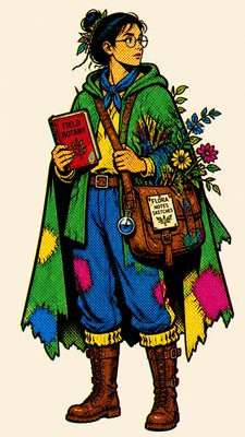 full-body original character: a wandering botanist with a satchel of plants, a patched green cloak, tall boots and round glasses, neutral background