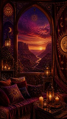 a desert canyon under a dramatic sunset sky, no people