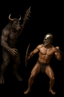 a man with a horned head and a horned body holding a sword