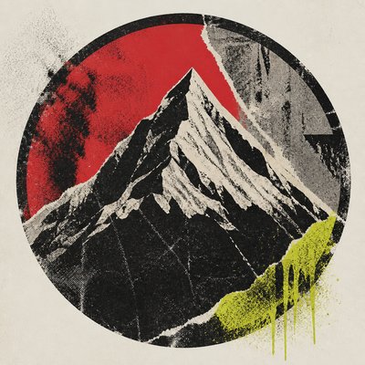 an emblem of a mountain peak inside a circle, simple bold shapes on a plain background, no text or lettering