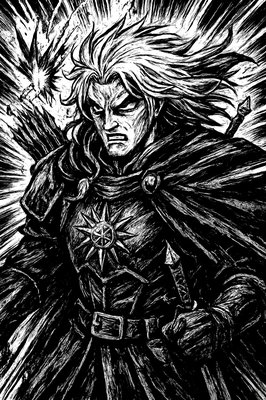 a black and white drawing of a man in armor