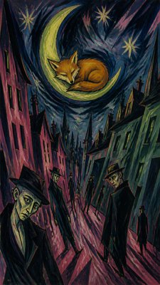 a sleeping baby fox curled on a crescent moon among soft stars, gentle and warm, no text