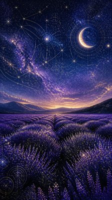 a field of lavender stretching to distant hills at dusk, no people