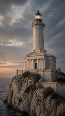 a lone lighthouse on a cliff at dusk under a dramatic sky, no text or lettering