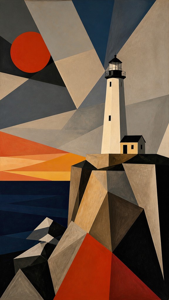 a lone lighthouse on a cliff at dusk under a dramatic sky, no text or lettering