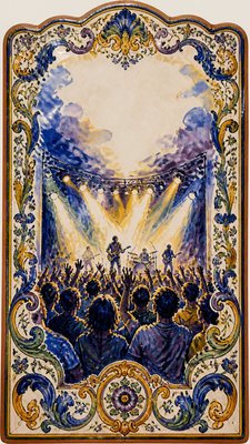 a live music scene with a glowing stage and silhouetted crowd, energetic vertical composition with open space at the top, no text