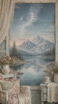 a tranquil mountain lake beneath a starry night sky, no people, no text