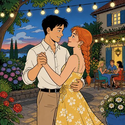 an original couple dancing under string lights in a garden at dusk: a man with short black hair in a linen shirt and a woman with braided red hair in a summer dress