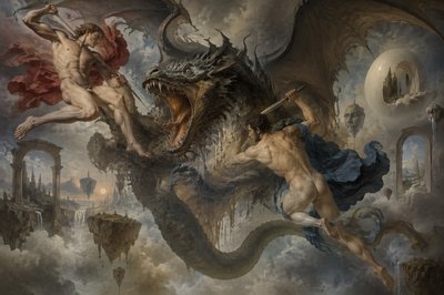 two ancient ignudi warriors fighting a dragon midair
