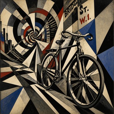 bicyle resting against a wall — Vorticism Art Style