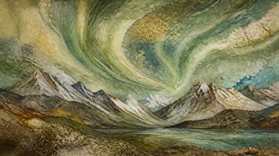 a flowing aurora over snowy peaks, wide sweeping composition, no people, no text