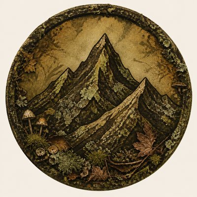 an emblem of a mountain peak inside a circle, simple bold shapes on a plain background, no text or lettering