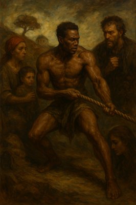 a painting of a man holding a rope