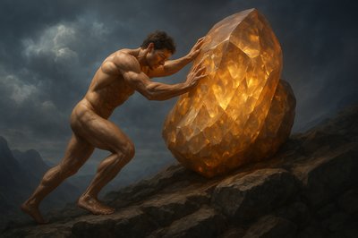 a painting of a man holding a large golden object