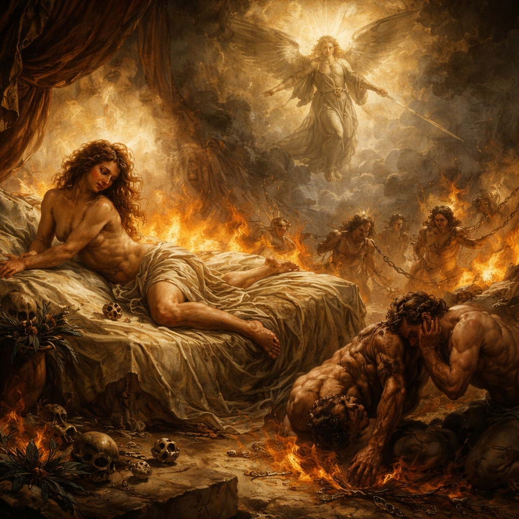 Express without words “Behold, I will cast her into a bed, and them that commit adultery with her into great tribulation, except they repent of their deeds.” (Revelation 2:22, KJV) adding as a setting the idea of travail. No nudity.