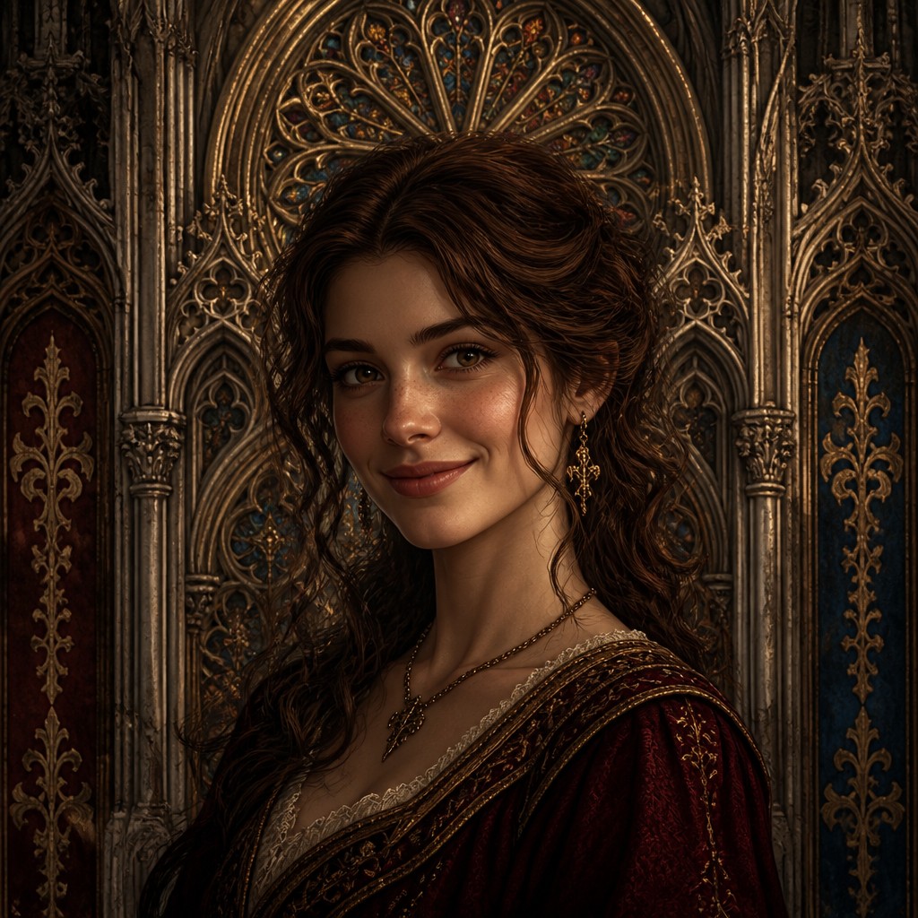 head-and-shoulders portrait of an original character: a young woman with wavy chestnut hair and a warm smile, plain soft backdrop