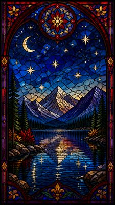a tranquil mountain lake beneath a starry night sky, no people, no text