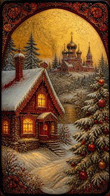 a snow-covered cottage with warm glowing windows beside a decorated pine tree, gentle snowfall, no text