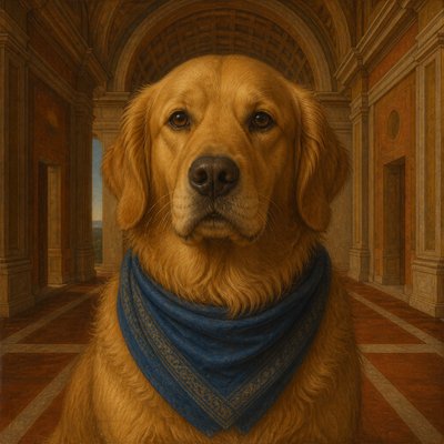 portrait of a golden retriever wearing a blue bandana, warm plain backdrop, no text