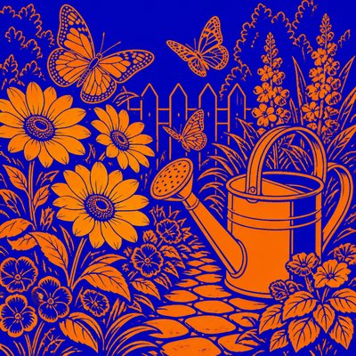 a garden scene with butterflies, flowers and a watering can, clean uncolored line art, no text