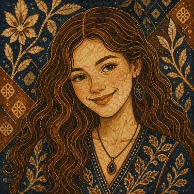 head-and-shoulders portrait of an original character: a young woman with wavy chestnut hair and a warm smile, plain soft backdrop