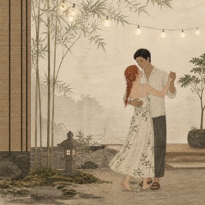 an original couple dancing under string lights in a garden at dusk: a man with short black hair in a linen shirt and a woman with braided red hair in a summer dress