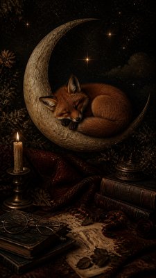 a sleeping baby fox curled on a crescent moon among soft stars, gentle and warm, no text