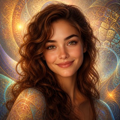 head-and-shoulders portrait of an original character: a young woman with wavy chestnut hair and a warm smile, plain soft backdrop