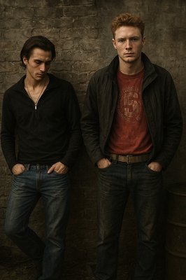 two men standing next to each other in front of a brick wall